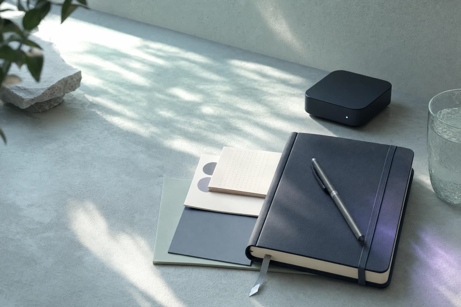 A notebook and neatly arranged notes on a pale stone desk